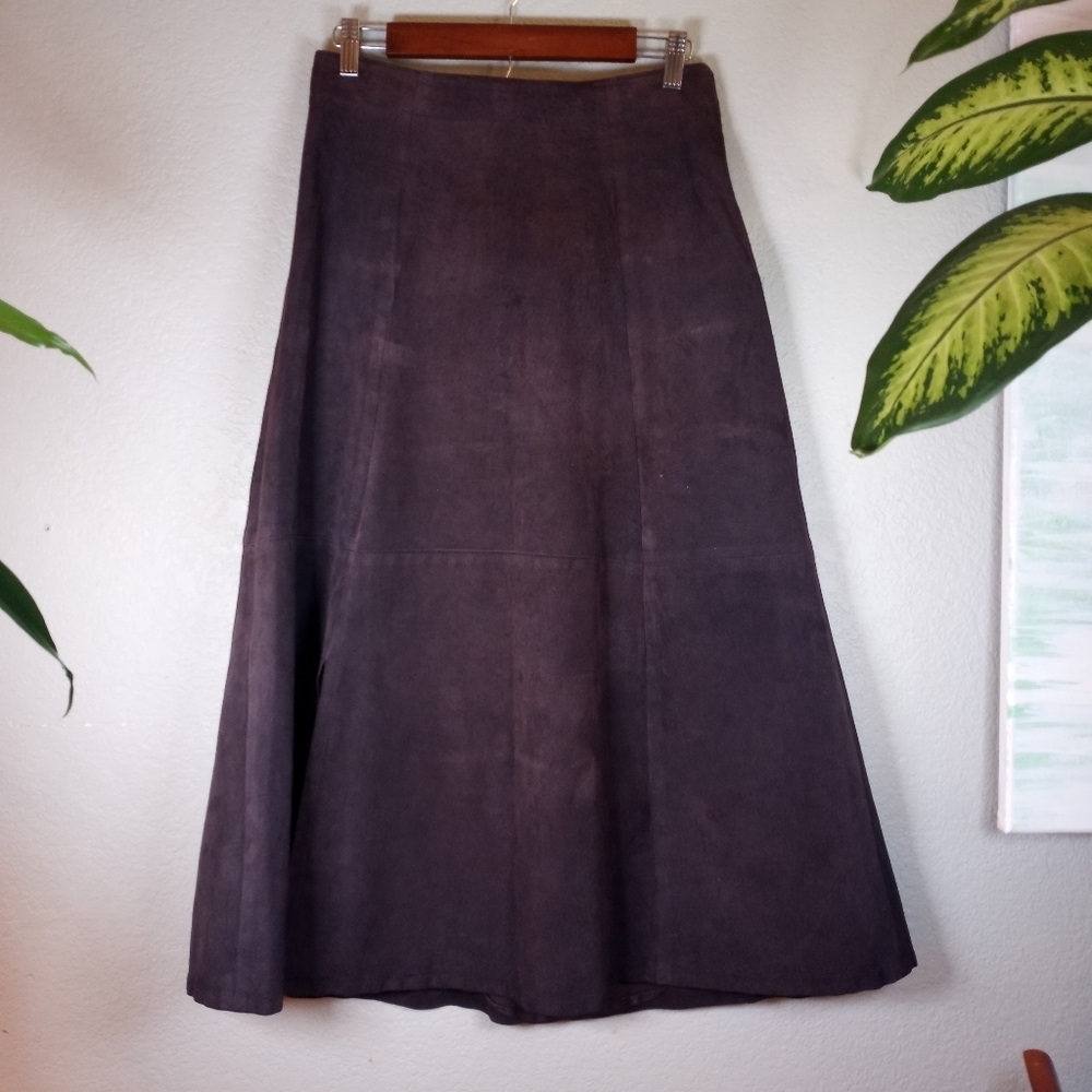 Vintage Suede Chocolate Brown Leather Boho  A Line Maxi Skirt Front Side Slit 8